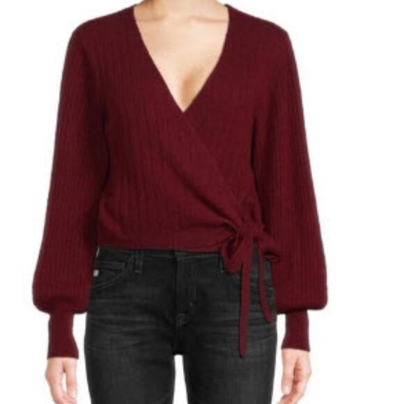 NWT Womens Crush Chica Maroon Pure Cashmere Ribbed Ballet Wrap Sweater 2 US/M - Picture 1 of 15